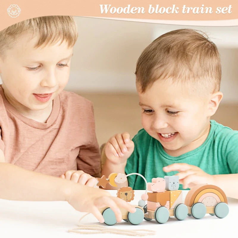 Fidtoy Pull Along Wooden Toy for Toddlers Educational Car 1+