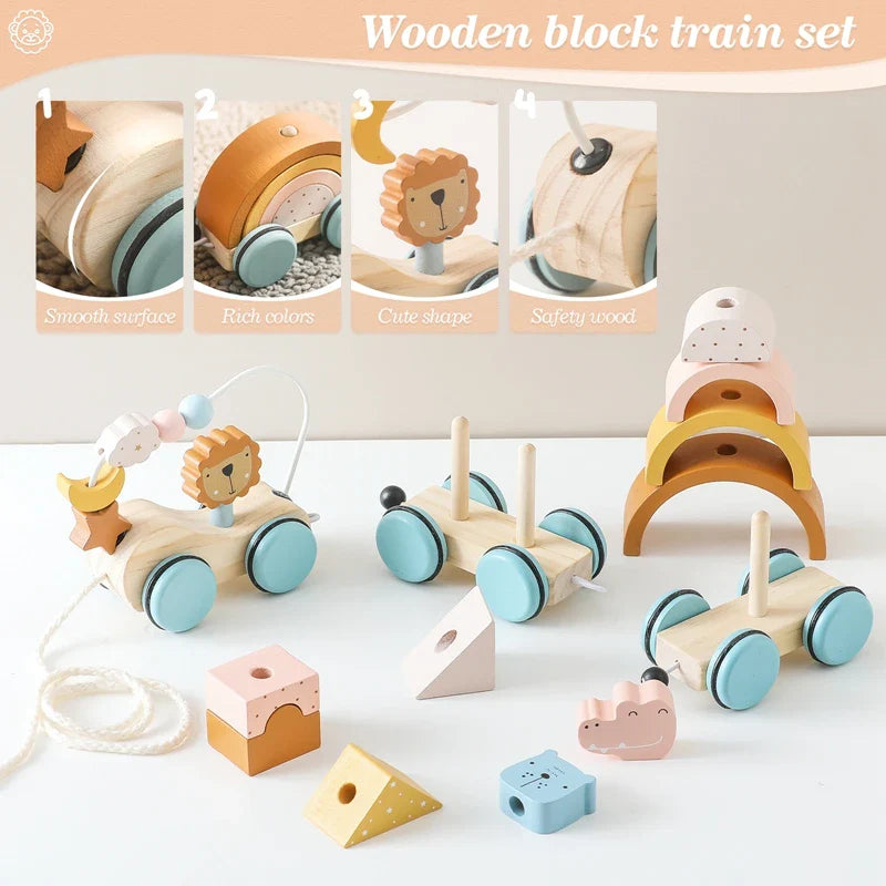 Fidtoy Pull Along Wooden Toy for Toddlers Educational Car 1+
