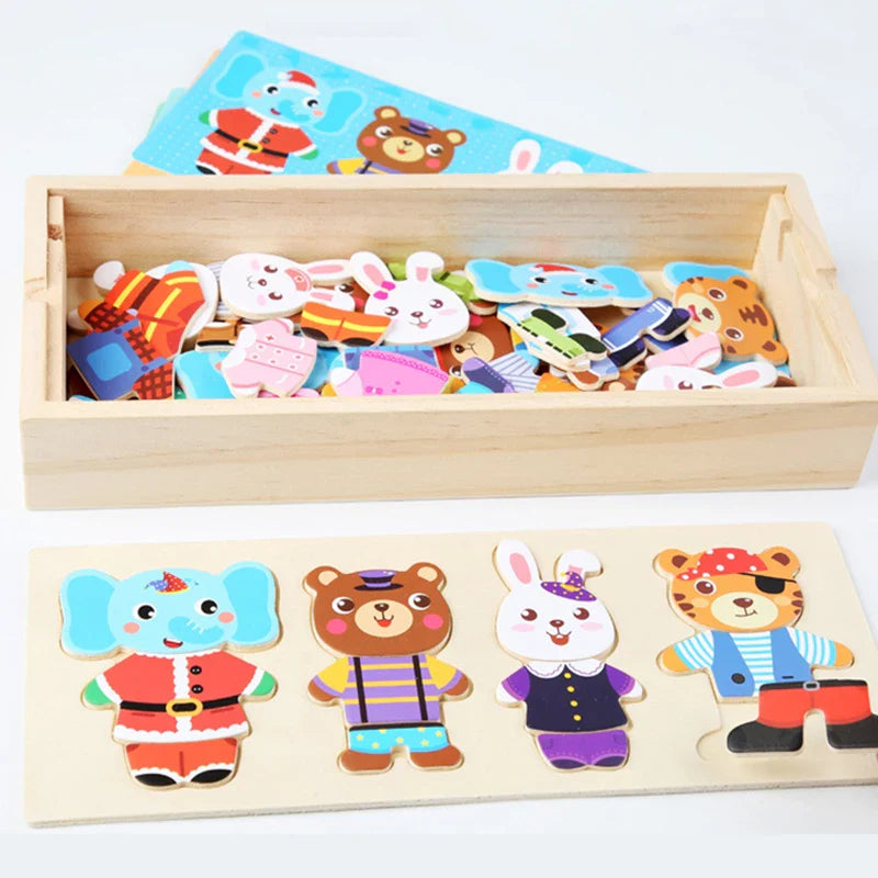Rompecabezas de madera Montessori con animales para niños - Juguete educativo para bebés y niños
