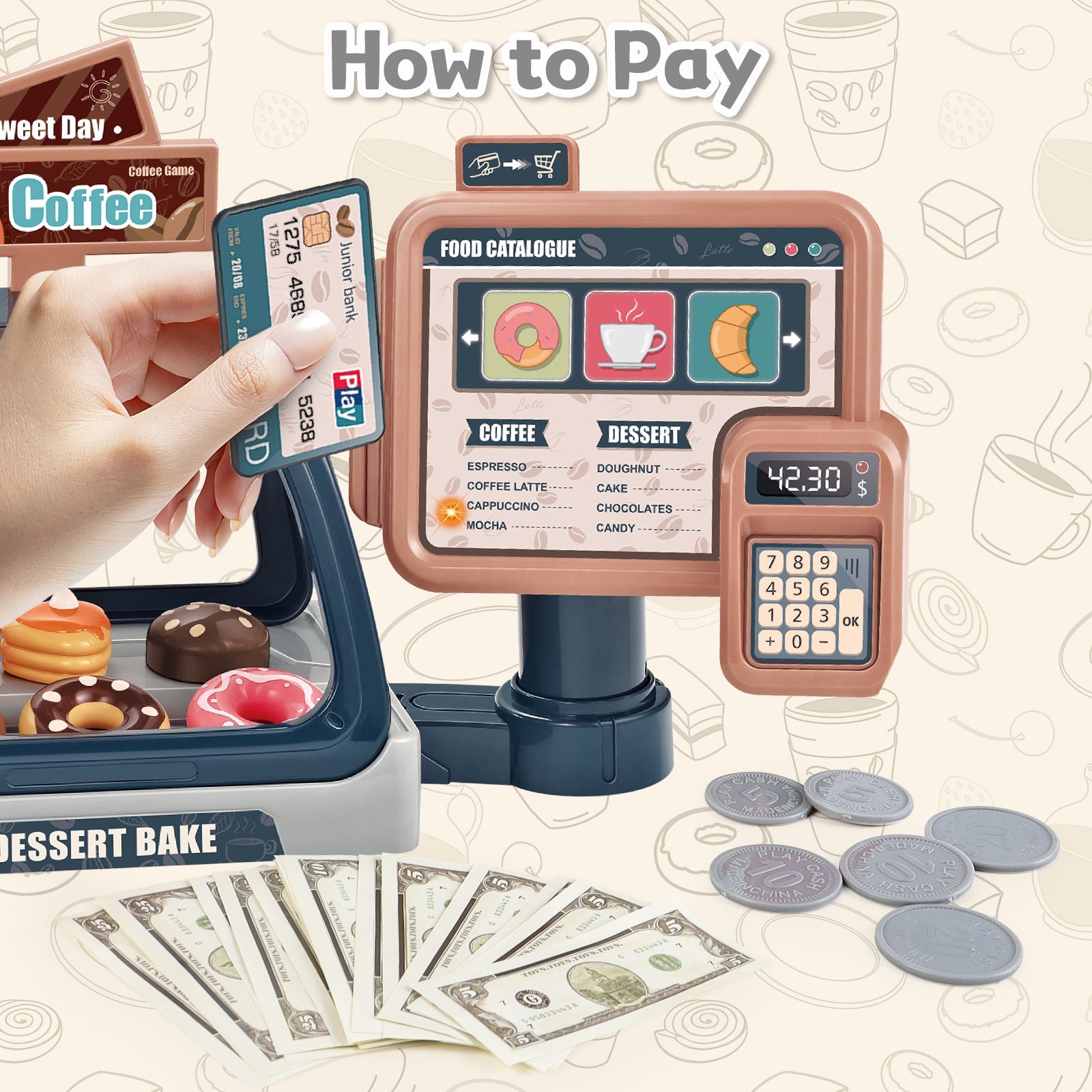 Cuisine d'imitation Jeu de café de magasin pour tout-petits, set de jeu machine à café et dessert, jouet de caisse enregistreuse pour enfants de 3 ans et plus
