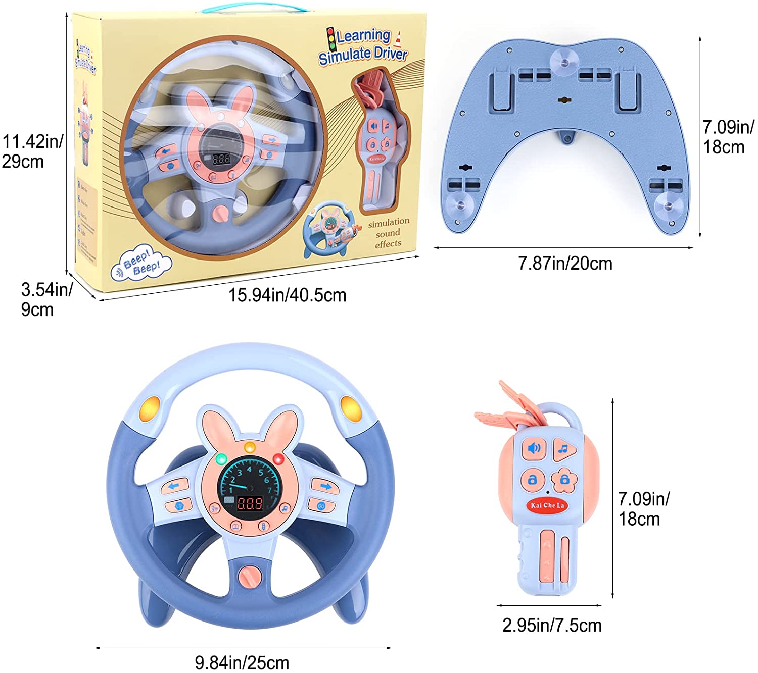Steering Wheel for Car Backseat Pretend Driving Simulated Driving Steering Wheel Toy Light and Music Educational Gifts for Kids Blue