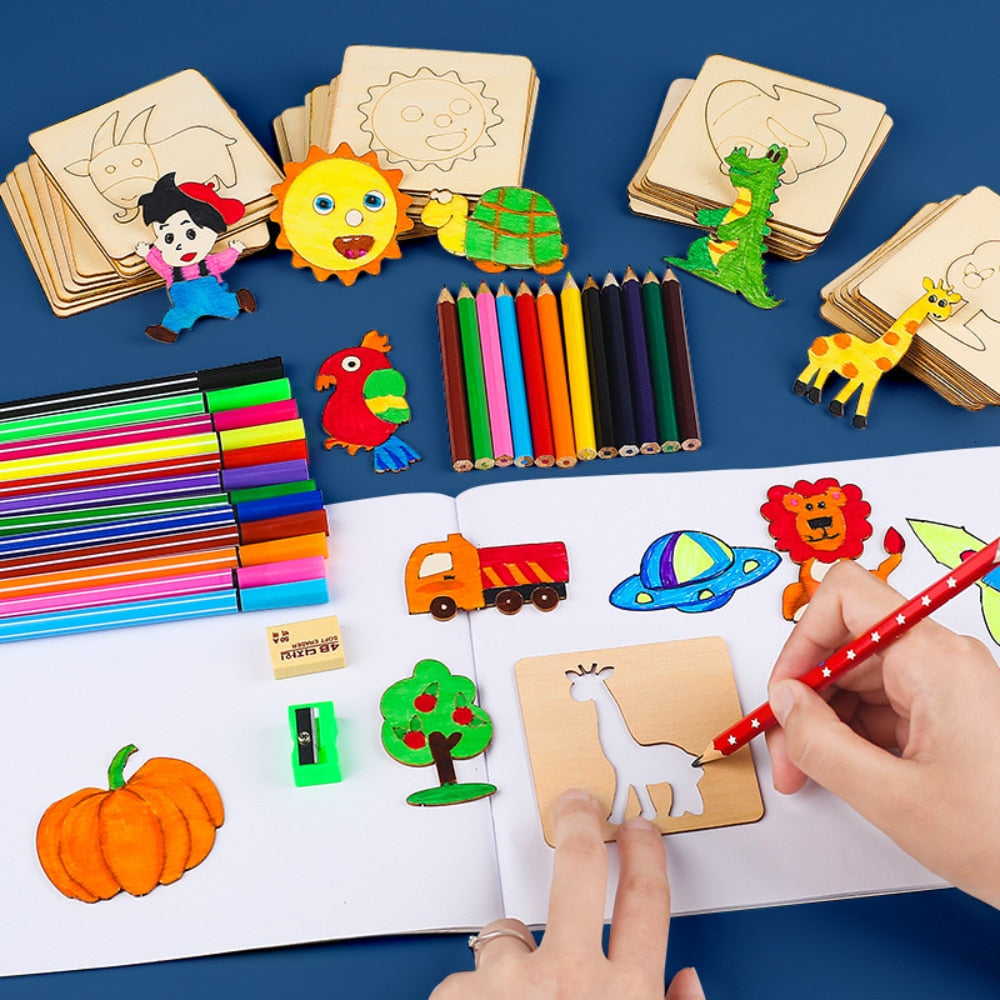 Fidtoy Wooden DIY Drawing Templates Montessori Art Toy Set(20 Pcs)