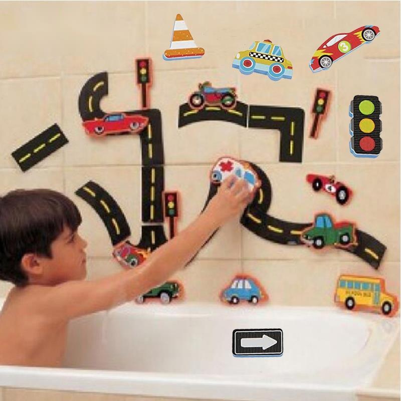 Fidtoy Juguetes de baño para el tráfico – Juguetes de baño de carretera de espuma para niños pequeños Set de juego para pegar en la pared