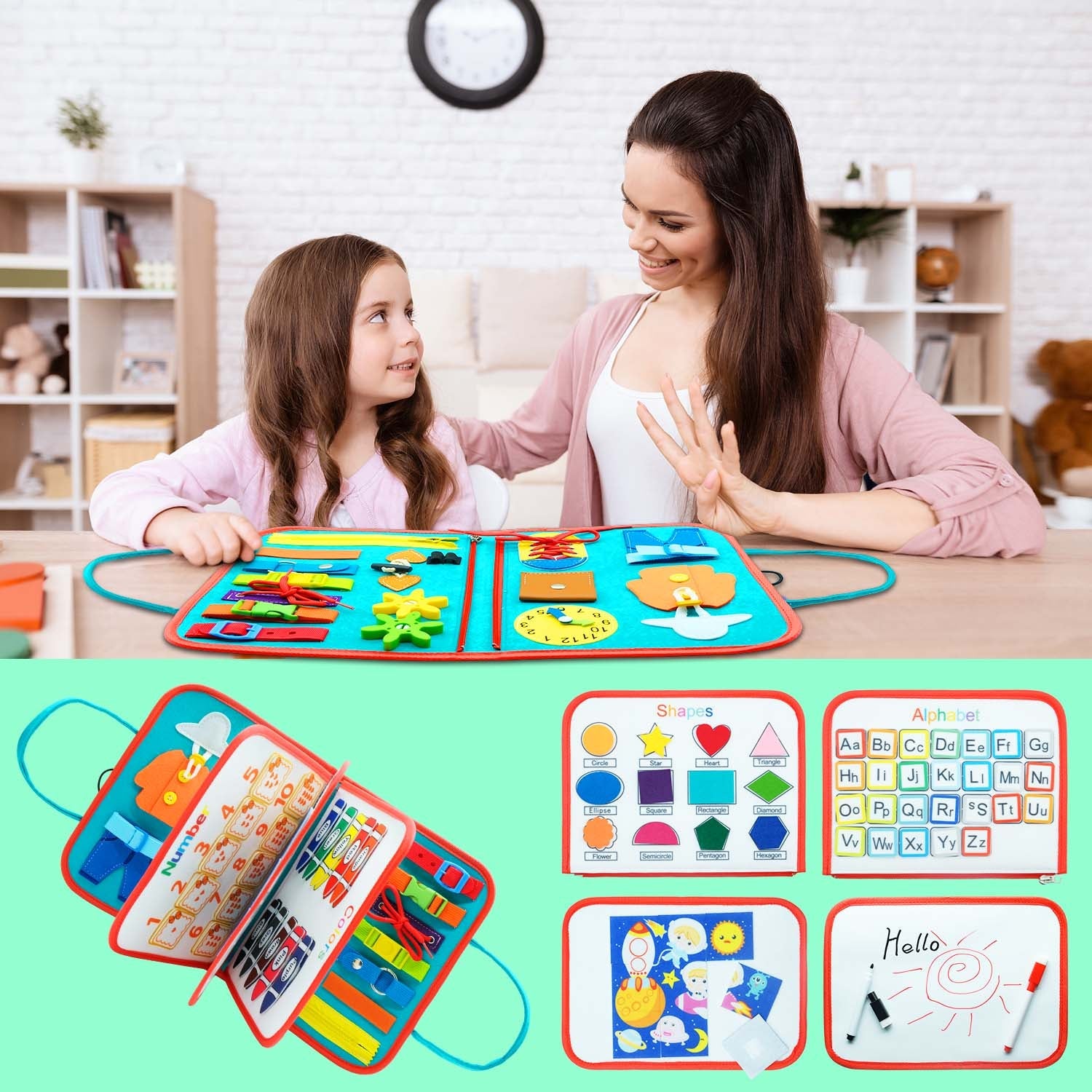 Fidtoy Montessori Busy Board for Toddlers – 8-in-1 Preschool Activity Board, Travel Learning Toy, Fine Motor Skills Busy Book
