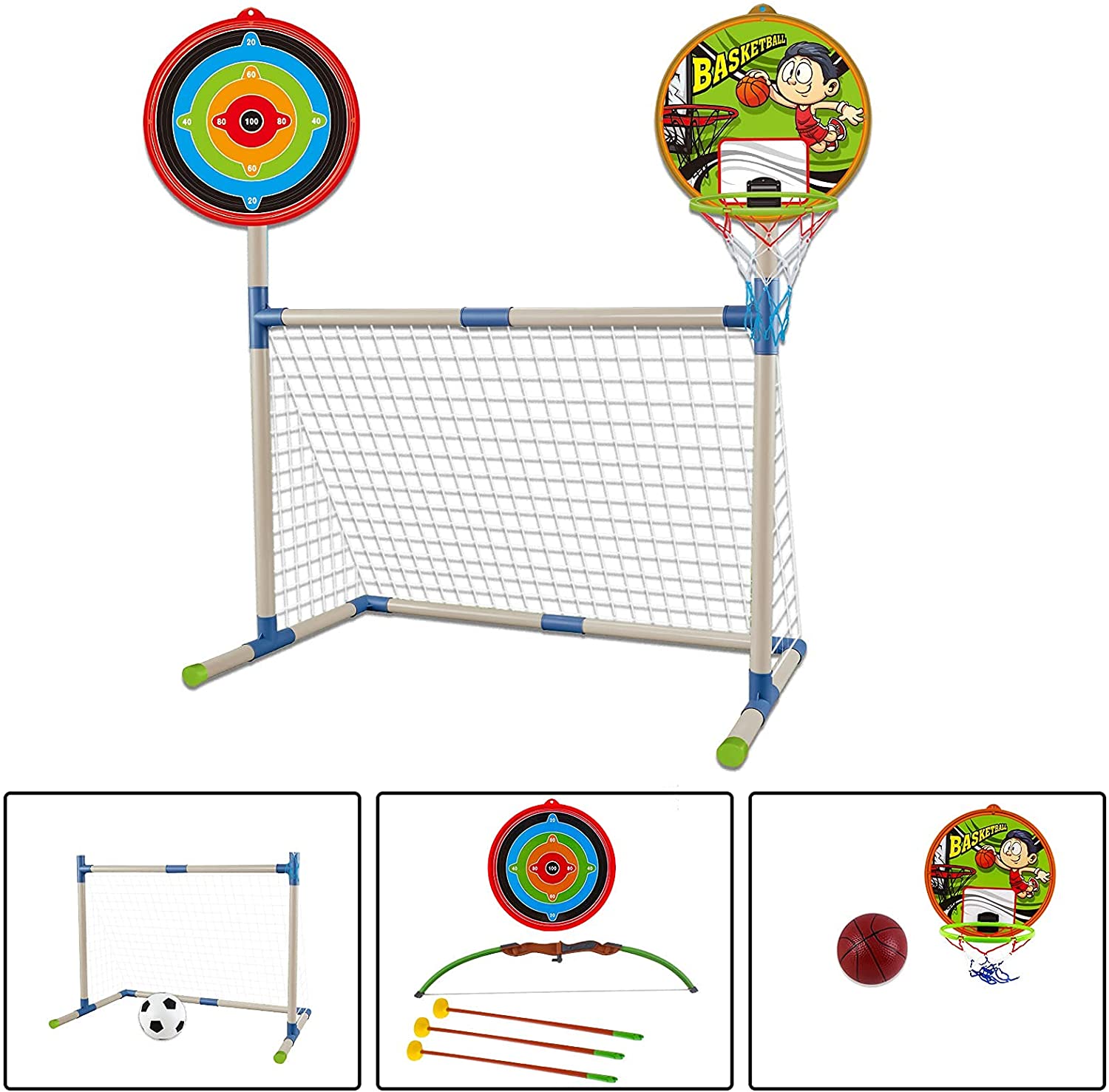 Juego 3 en 1 de deportes al aire libre: Baloncesto, Fútbol y Tiro con arco para niños, para interiores y exteriores. Excelente regalo de cumpleaños o Navidad.