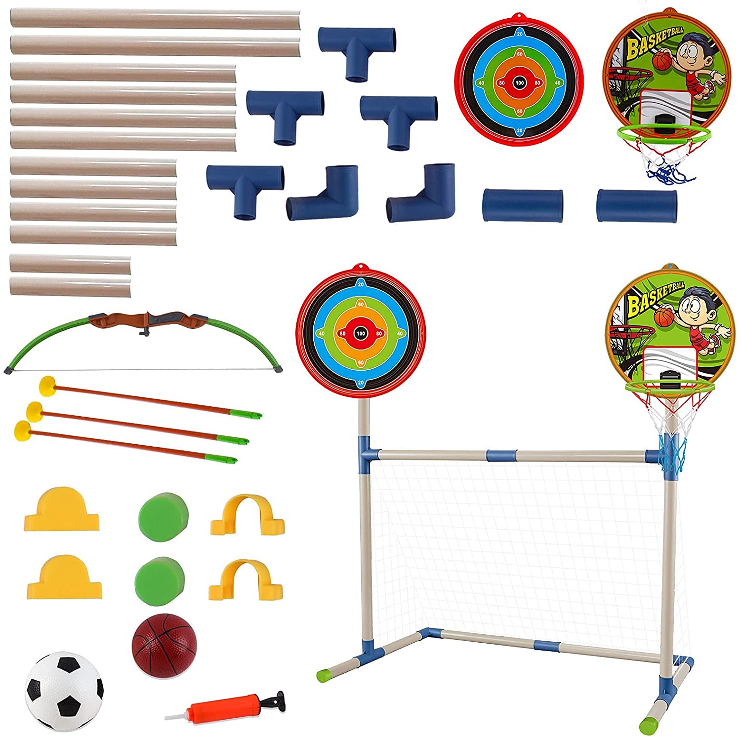 Juego 3 en 1 de deportes al aire libre: Baloncesto, Fútbol y Tiro con arco para niños, para interiores y exteriores. Excelente regalo de cumpleaños o Navidad.