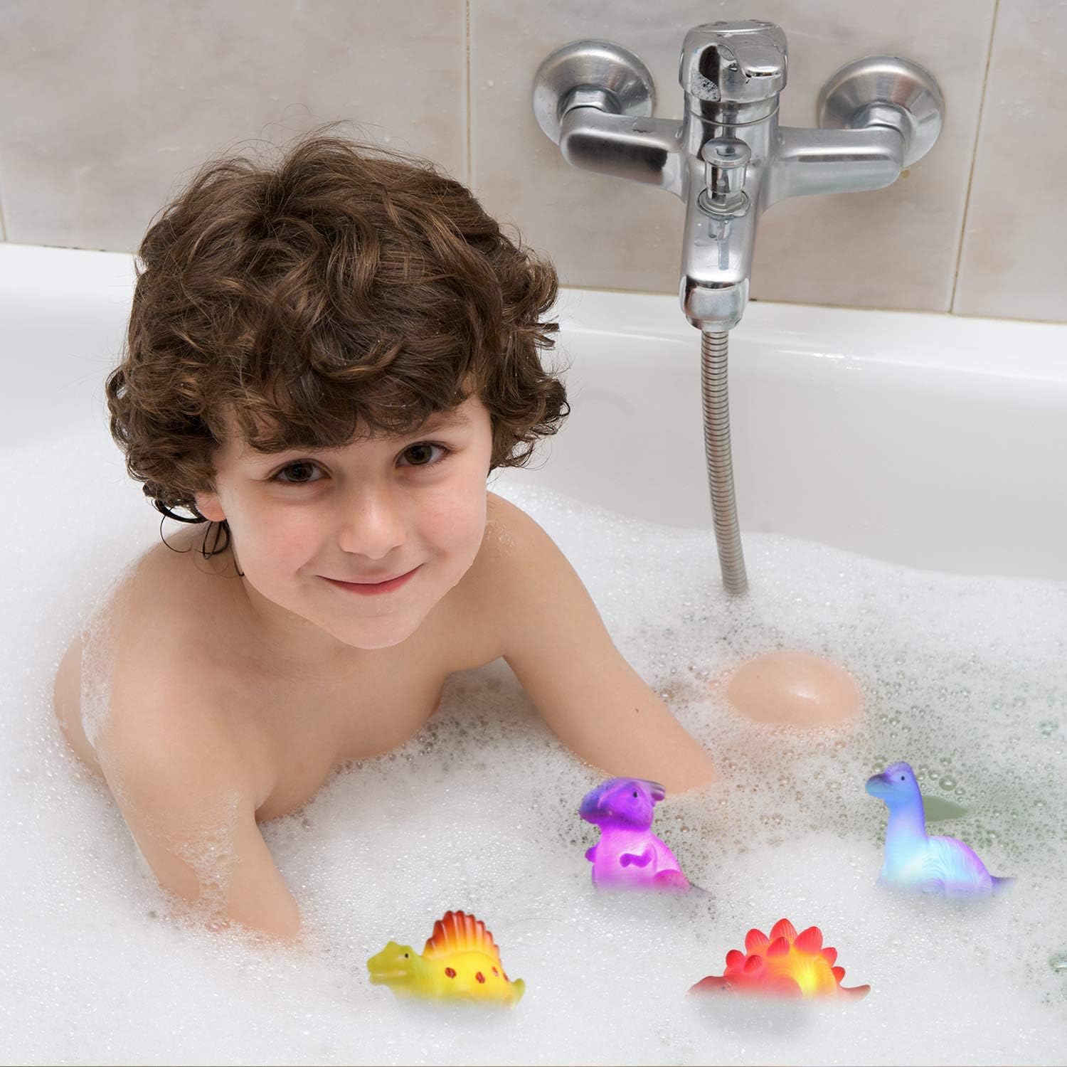Juguetes de baño de dinosaurios Fidtoy con luces flotantes para niños pequeños (paquete de 6)