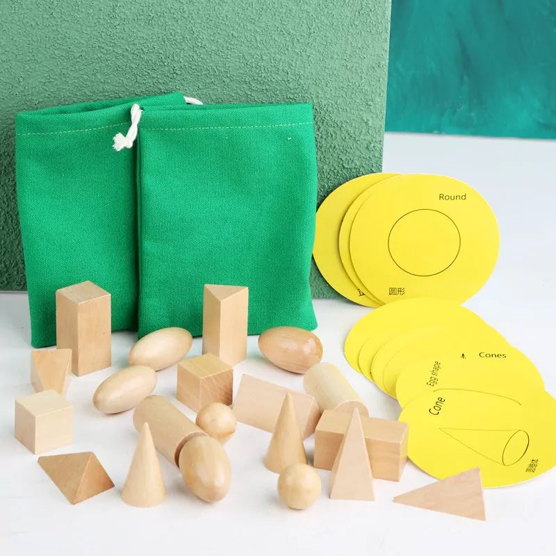 Fidtoy Wooden Geometric Shape Puzzle Set for Kids | 20 3D Shape Blocks, 10 Matching Cards, Montessori Geometry Learning Toy, Spatial Reasoning & Hand-Eye Coordination Toy Age 3+