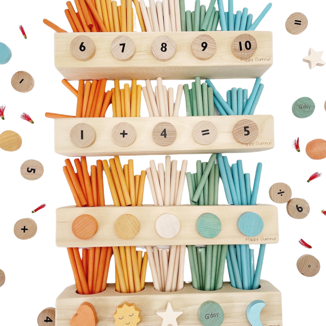 Varillas numéricas de conteo Montessori Happy Gumnut con bandeja magnética