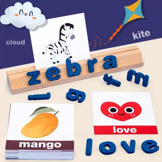 Fidtoy Zebra Vocabulary Building Wooden Spelling Game, Wooden Preschool Word Matching Toy with 78 Letter Blocks, 50 Cards and Wooden Card Slot Ages 3+