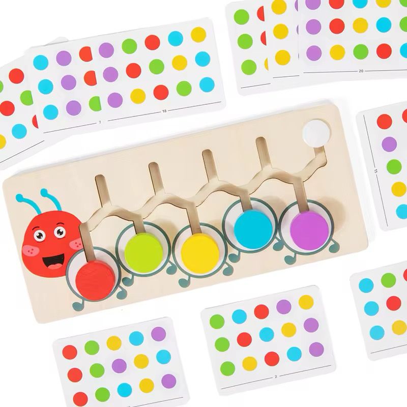 Rompecabezas de oruga de madera para emparejar colores - Actividad Montessori para clasificar colores con tarjetas de control
