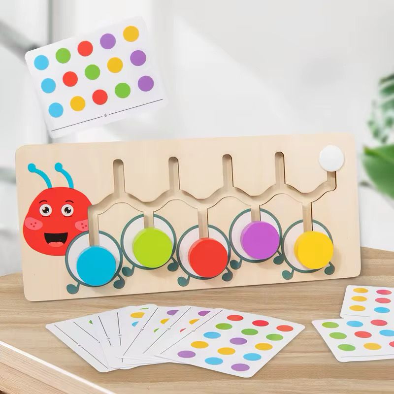 Rompecabezas de oruga de madera para emparejar colores - Actividad Montessori para clasificar colores con tarjetas de control
