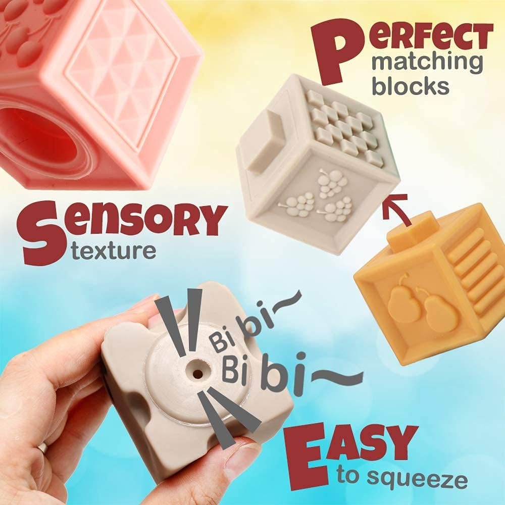 Fidtoy Baby Activity Soft Building Blocks Animal and Number Silicone Stacking Blocks for Babies Ages 0-2 with Animals, Numbers, Colors and Shapes