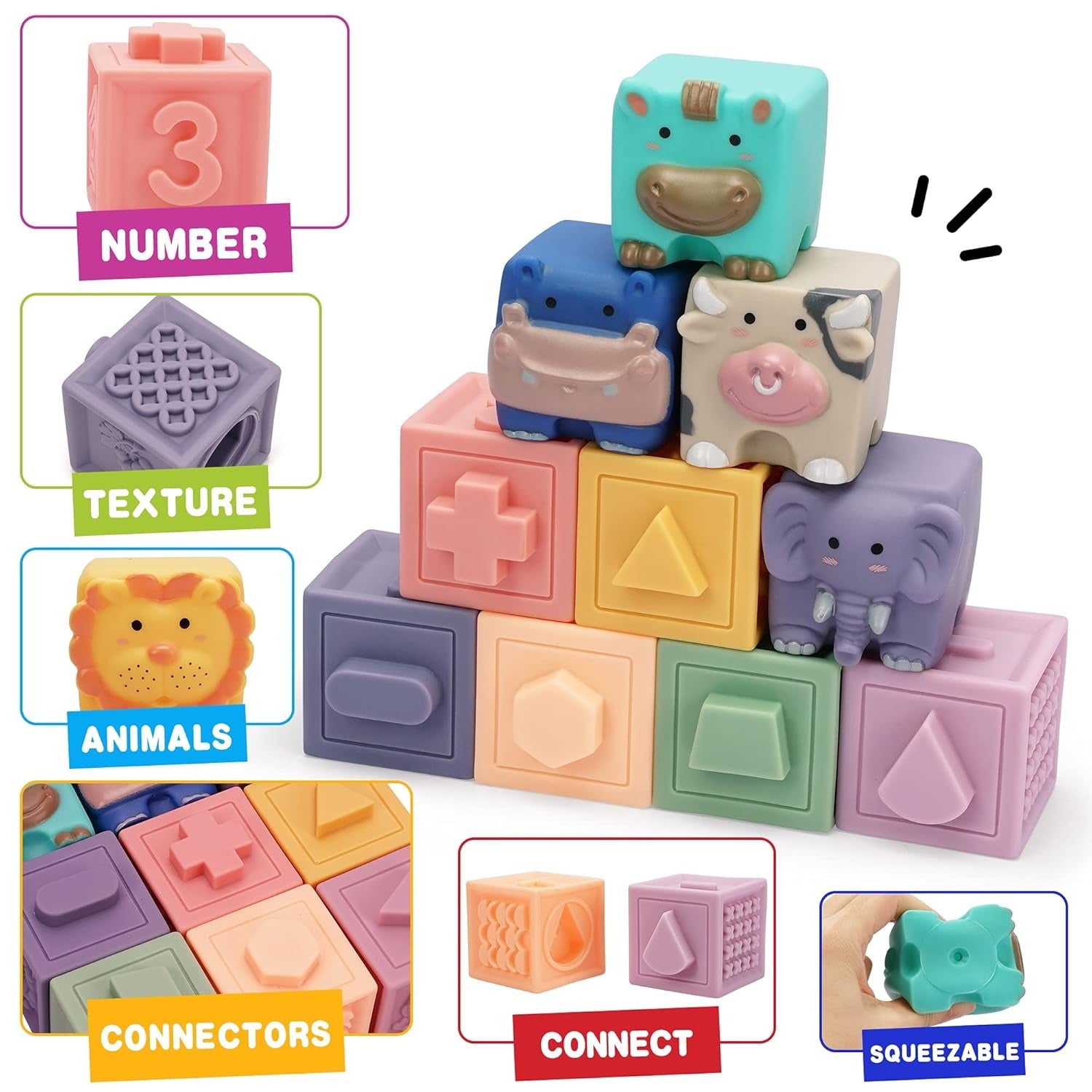 Fidtoy Baby Activity Soft Building Blocks Animal and Number Silicone Stacking Blocks for Babies Ages 0-2 with Animals, Numbers, Colors and Shapes