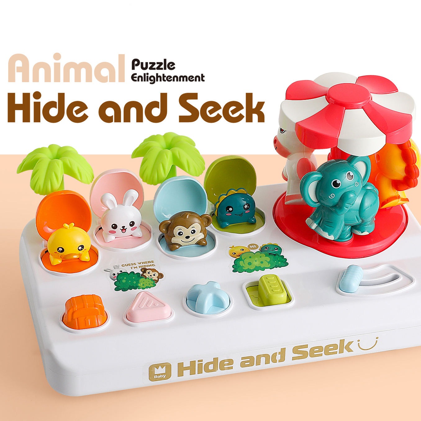 Fidtoy Pop Up Hide and Seek Animal Puzzle for Kids Interactive Animal Carousel Toy with Shape Buttons Fine Motor Play Ages 3+