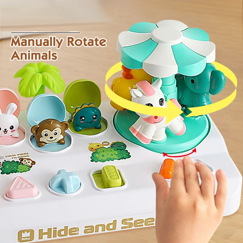 Fidtoy Pop Up Hide and Seek Animal Puzzle for Kids Interactive Animal Carousel Toy with Shape Buttons Fine Motor Play Ages 3+