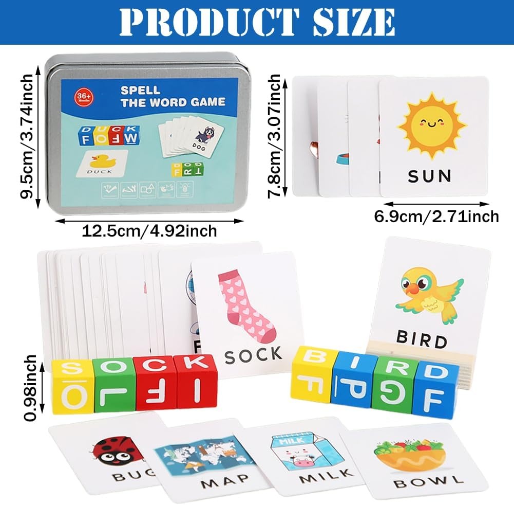 Fidtoy Spell the Word Matching Wooden Cube Blocks for Kids Ages 2+, 30-Piece Wooden Letter Matching Flash Card Learning Toy with Storage Tin for Early Literacy and Color Recognition