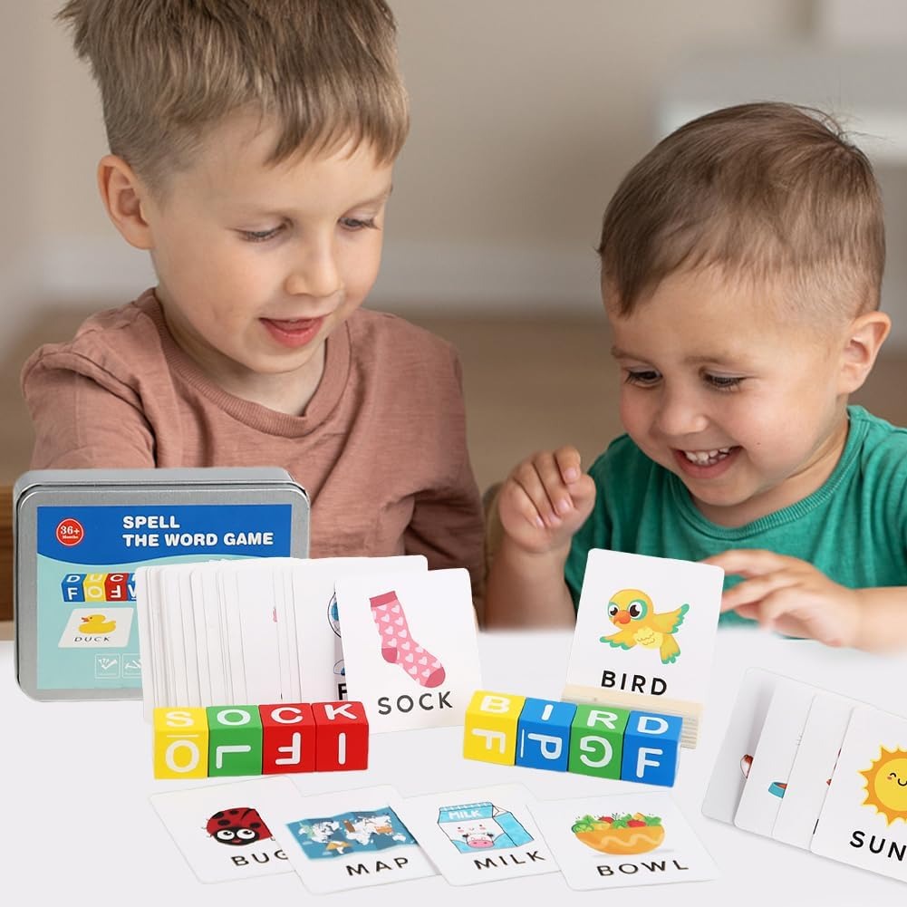 Fidtoy Spell the Word Matching Wooden Cube Blocks for Kids Ages 2+, 30-Piece Wooden Letter Matching Flash Card Learning Toy with Storage Tin for Early Literacy and Color Recognition