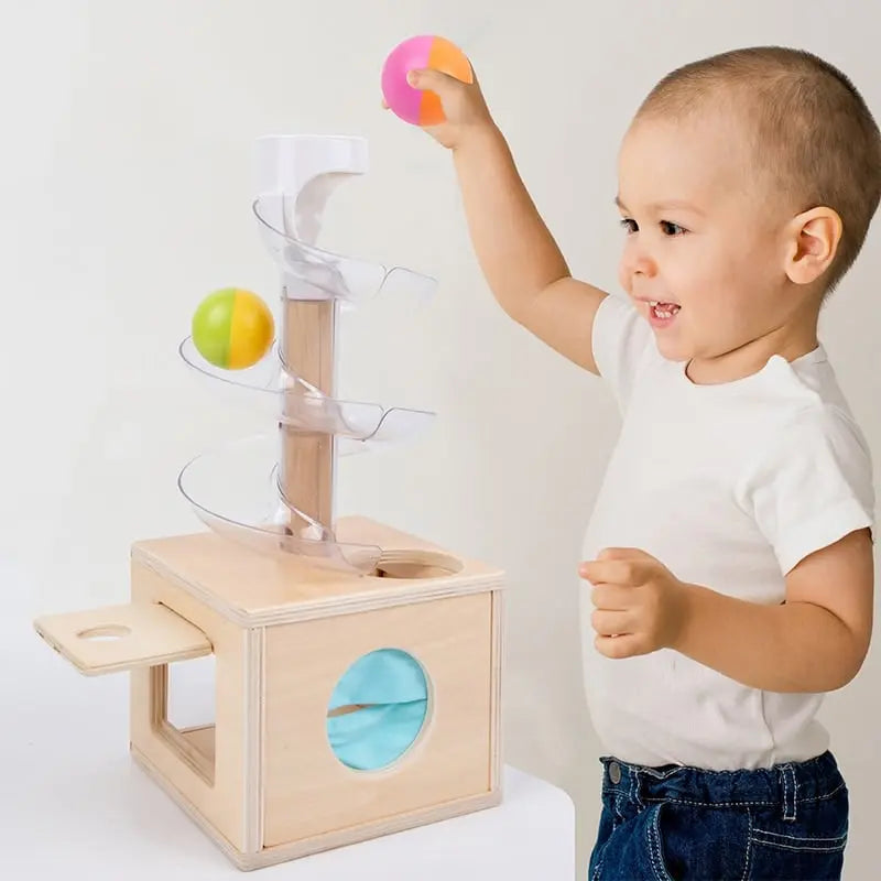 Fidtoy Wooden Box Toboggan Permanence d'Objets 3 Sorties – Montessori Toddler Toy for Fine Motor, Problem Solving, and Hand-Eye Coordination