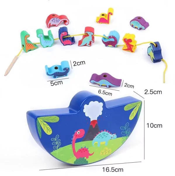 Fidtoy Wooden Dinosaur Balancing Blocks and Lacing Toy for Kids | Montessori Stacking Balance Game, Dinosaur Threading Toy, Hand-Eye Coordination & Fine Motor Toy Age 3+