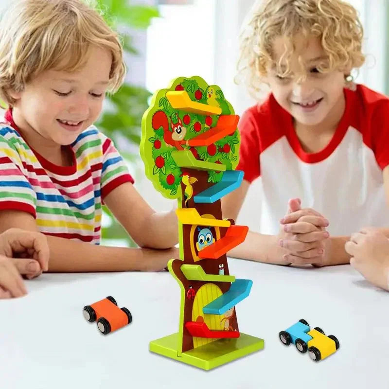 Fidtoy Pista de Rampa de 9 Niveles de Madera y Set de Juego de Coches de Carreras – Juguete de Desarrollo para Niños Pequeños
