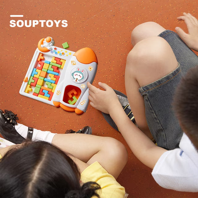 Fidtoy Space Rocket Tetris Table Block Challenge Game for Kids Ages 4-12, Plastic 3D Puzzle Board Game with Rocket Frame and Colorful Shape Blocks for Logic Play