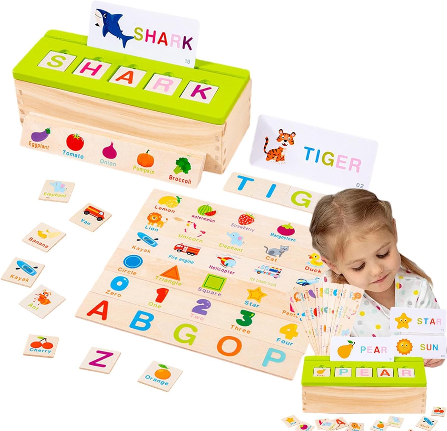 Fidtoy Wooden Knowledge Classification Objects Matching and Flash Cards Box Alphabet Learning Toy for Kids Ages 3+