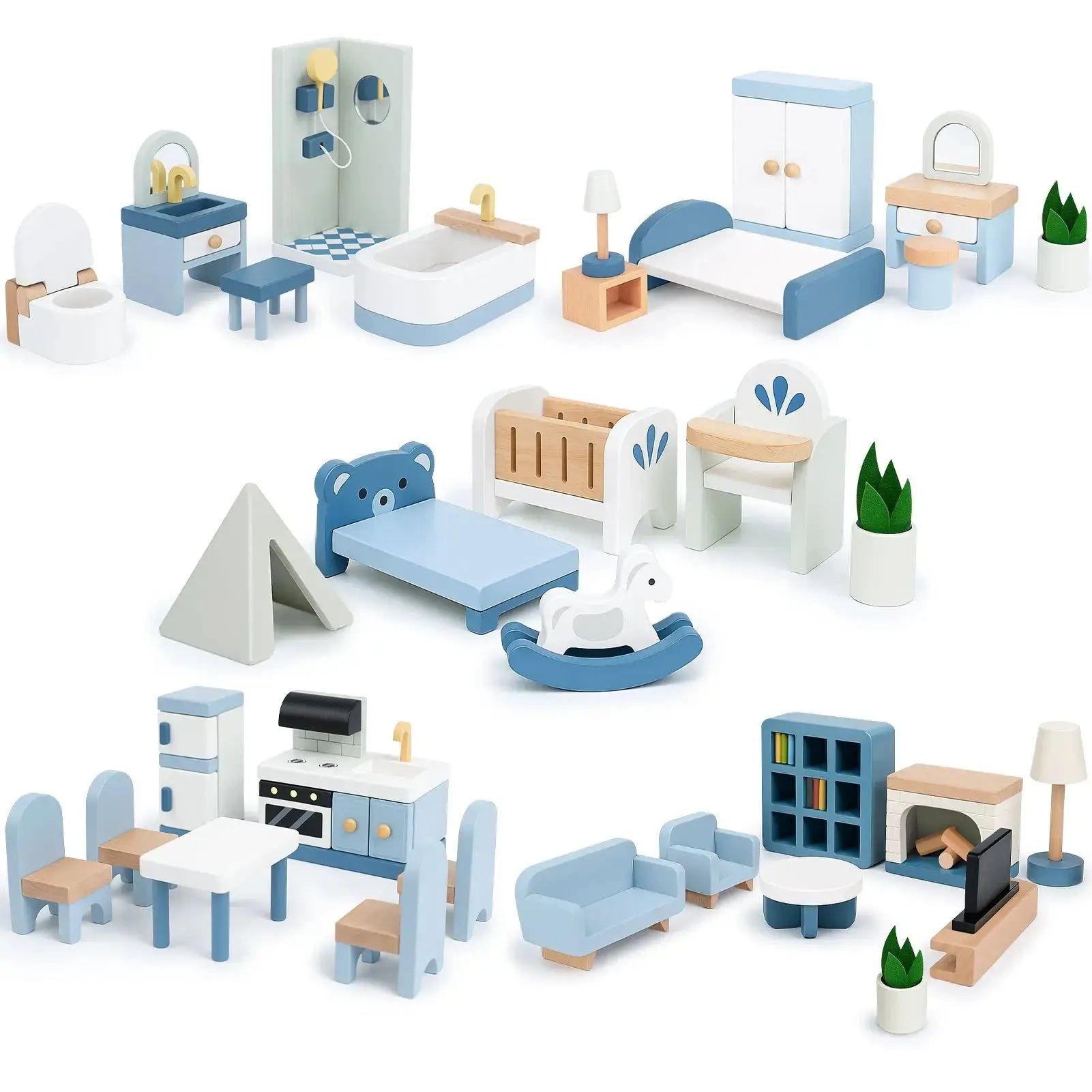Wooden Dollhouse Furniture Set - 36 Pieces
