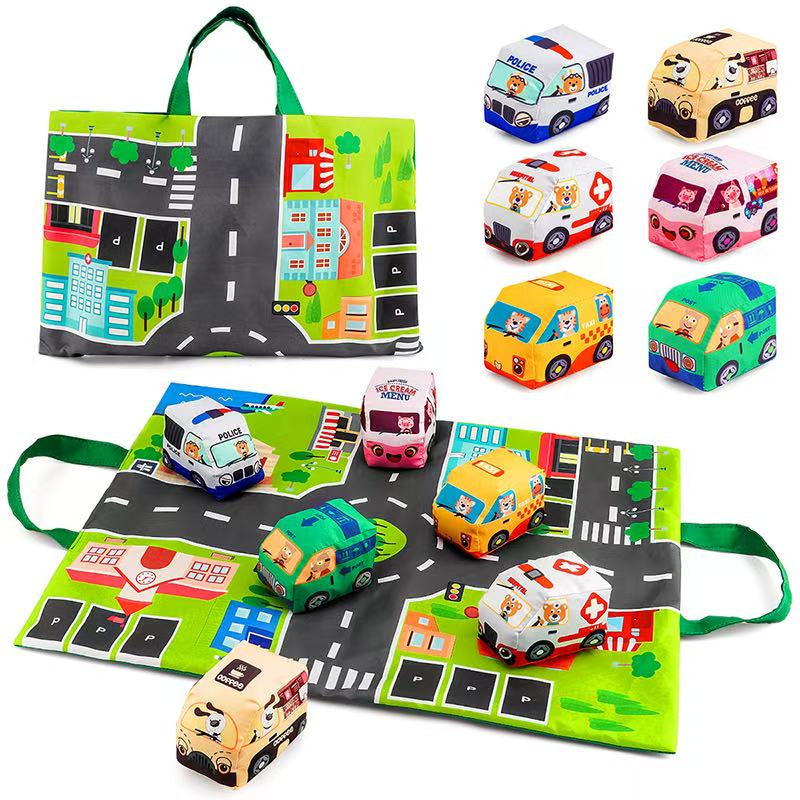 Fidtoy Soft Fabric Car Play Mat Set for Babies – 9-Piece Plush Vehicle Toy Set with Foldable Road Mat, Storage Bag, Crinkle Sounds, and Sensory Play