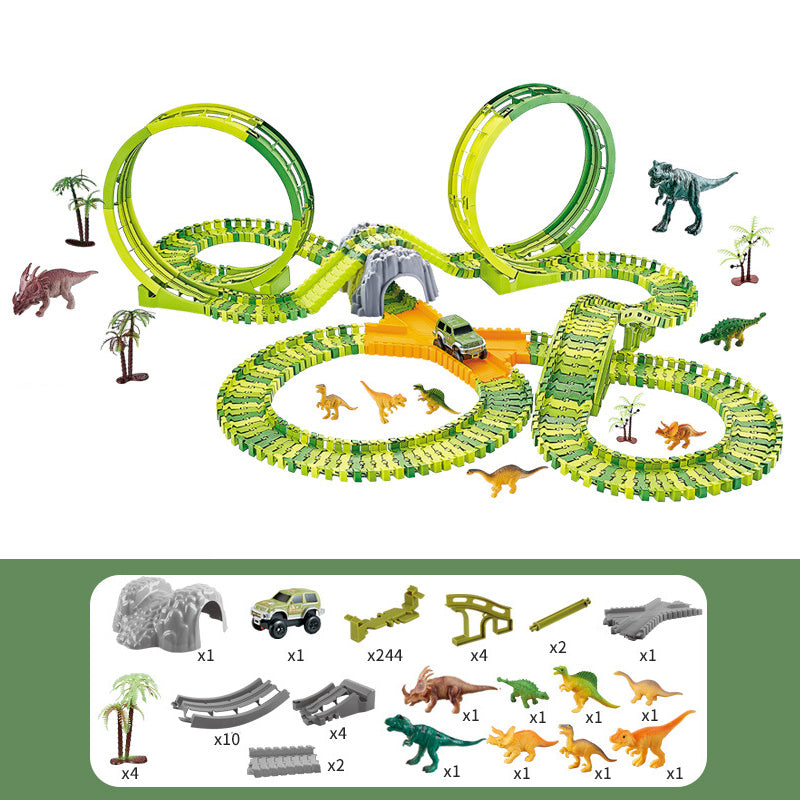 Fidtoy Dinosaur Race Track Set for Kids – Flexible Jurassic Track with Motorized Dinosaur Car, 360° Loop, Bridge, Dinosaur Figures, and Creative Building Play