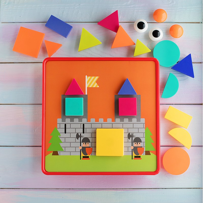 Fidtoy Geometric Button Puzzle with Storage Box, Plastic Shape and Color Matching Toy with 22 Geometric Buttons, 12 Picture Cards and 2 Fixing Clips Ages 3+