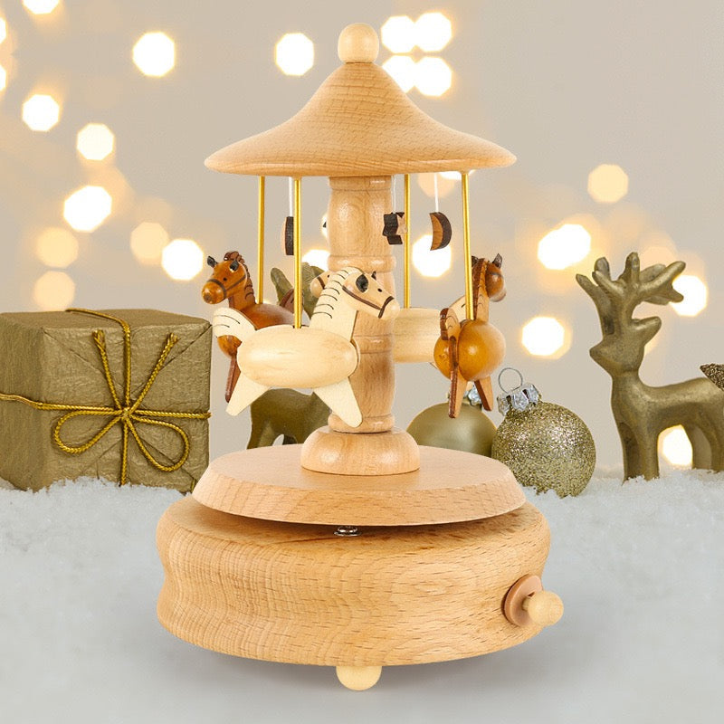 Handcrafted Wooden Carousel Music Box – Rotating Horse Merry-Go-Round Gift
