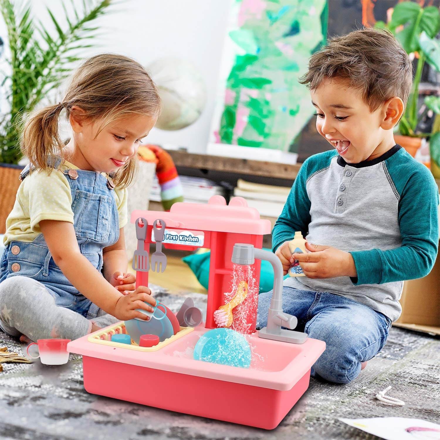 Évier de cuisine Fidtoy avec robinet et accessoires pour enfants