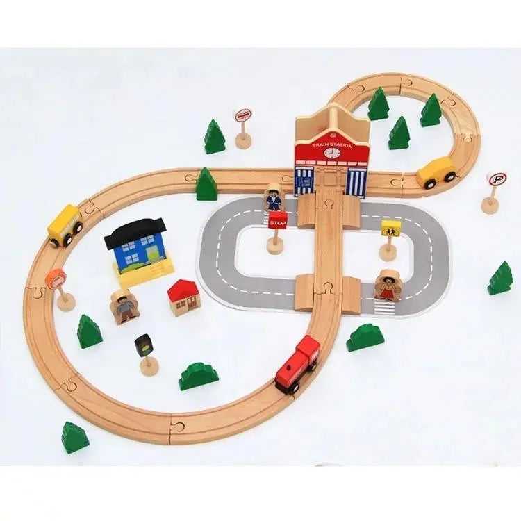 Juego de tren de madera hecho a mano de 50 piezas con vías de ferrocarril, modelo de coche magnético, juguete de coche para niños, regalo