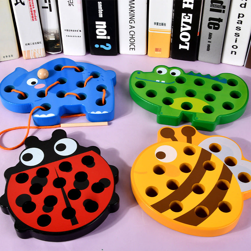 Juego de Ensartar con Cuerda de Animales de Madera - Juguetes de Habilidades Motrices Finas