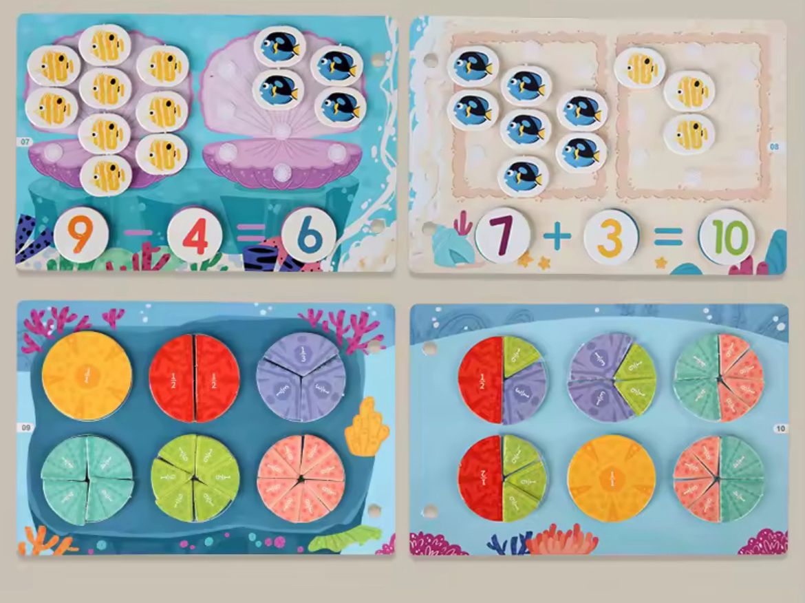 Mini libro interactivo - Tema de matemáticas oceánicas | Aprende números, conteo y fracciones con diversión bajo el agua