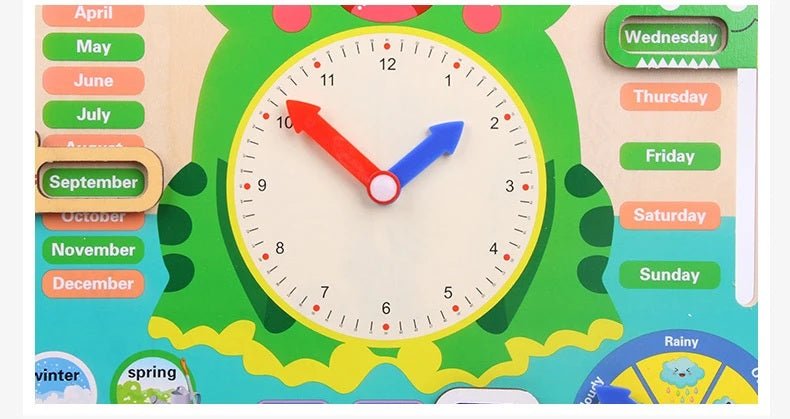 Montessori Wooden Frog Clock Toys For Kids,Learning Calendar,Weather,Season,Time,Week,Early Educational Toy