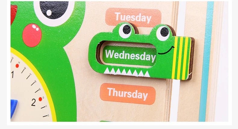 Montessori Wooden Frog Clock Toys For Kids,Learning Calendar,Weather,Season,Time,Week,Early Educational Toy