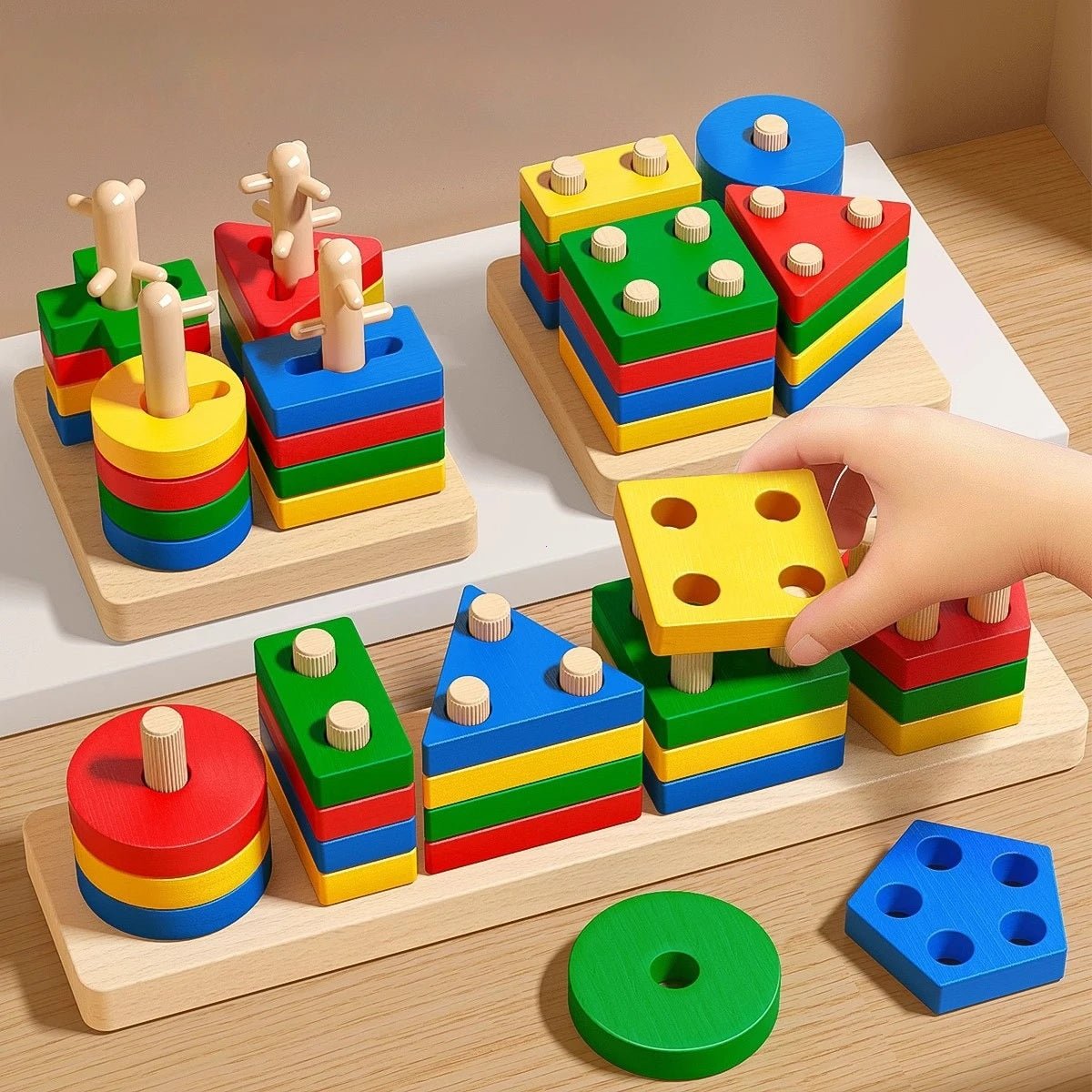 Shapes Tower Stacker – 5 Shape, 4 Layer Wooden Brain Development Toy