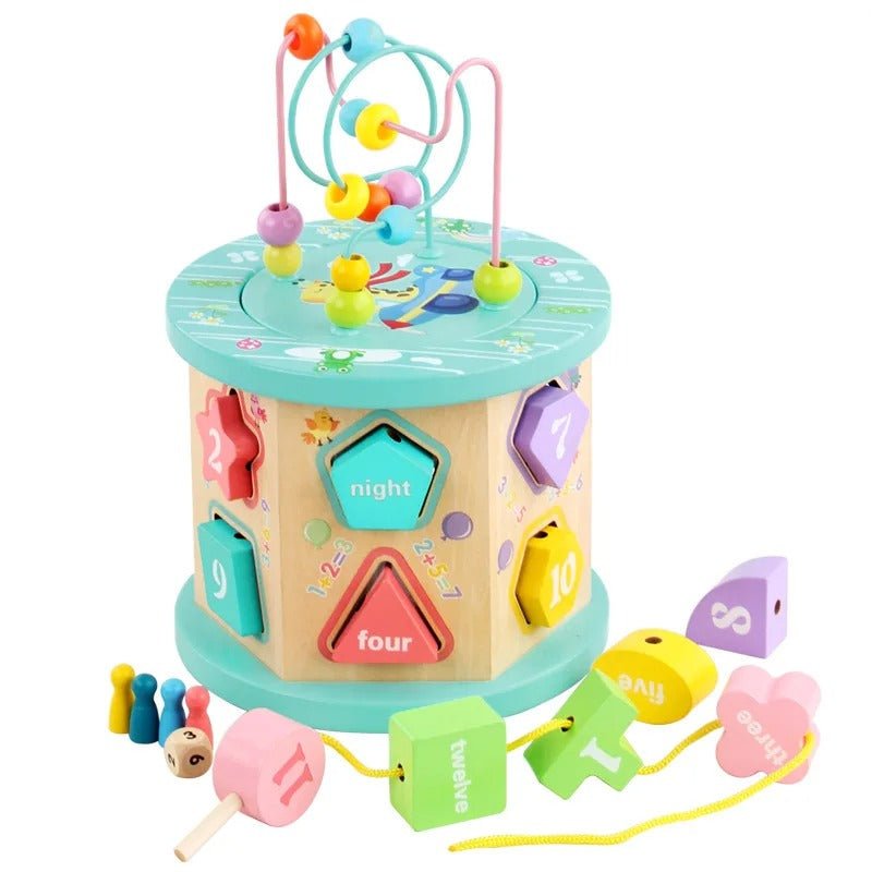 Caja de inteligencia de seis lados con cuentas de madera grandes para niños, multifunción, con cuentas redondas grandes, caja del tesoro, juguete educativo de desarrollo para padres e hijos