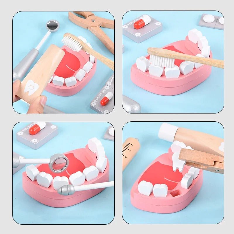 Wooden Doctor Toy Set with Bag Dentist Check Brush Teeth Medicine Set Role Playing Games