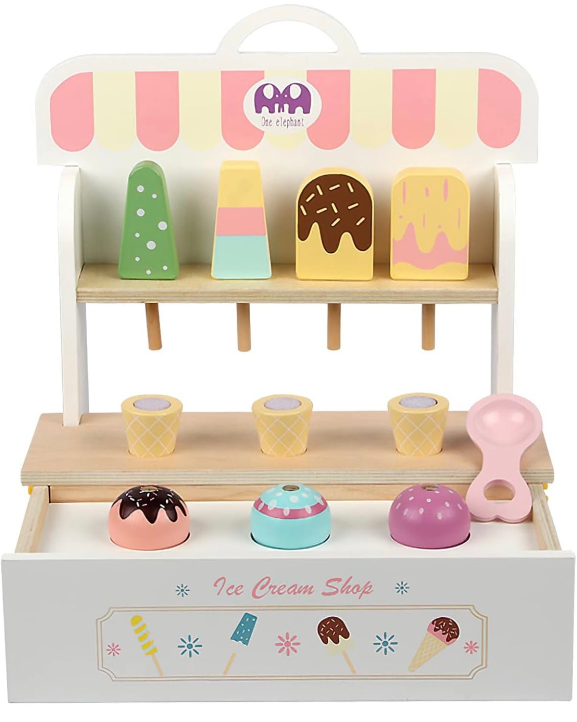 Juego de helados de madera, carrito de helados, juguetes de puesto para niños pequeños, accesorios de cocina de juego Montessori, juego de comida de madera para niños, juego de simulación para niños pequeños