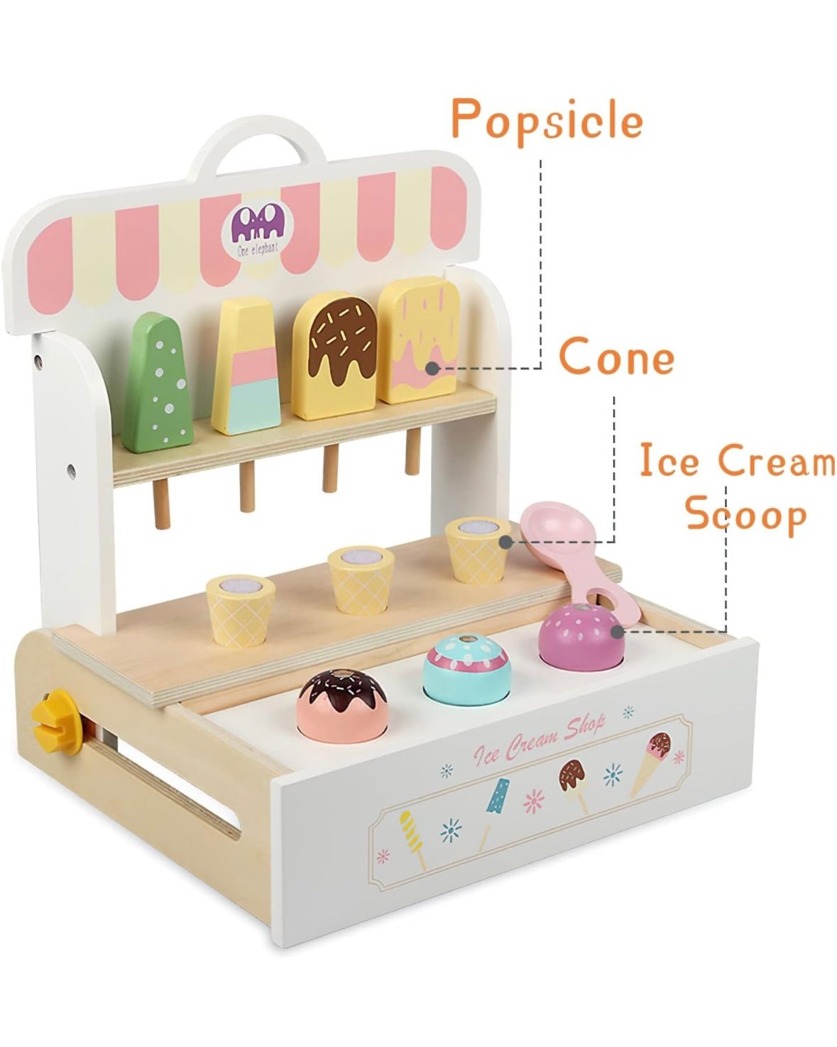 Juego de helados de madera, carrito de helados, juguetes de puesto para niños pequeños, accesorios de cocina de juego Montessori, juego de comida de madera para niños, juego de simulación para niños pequeños