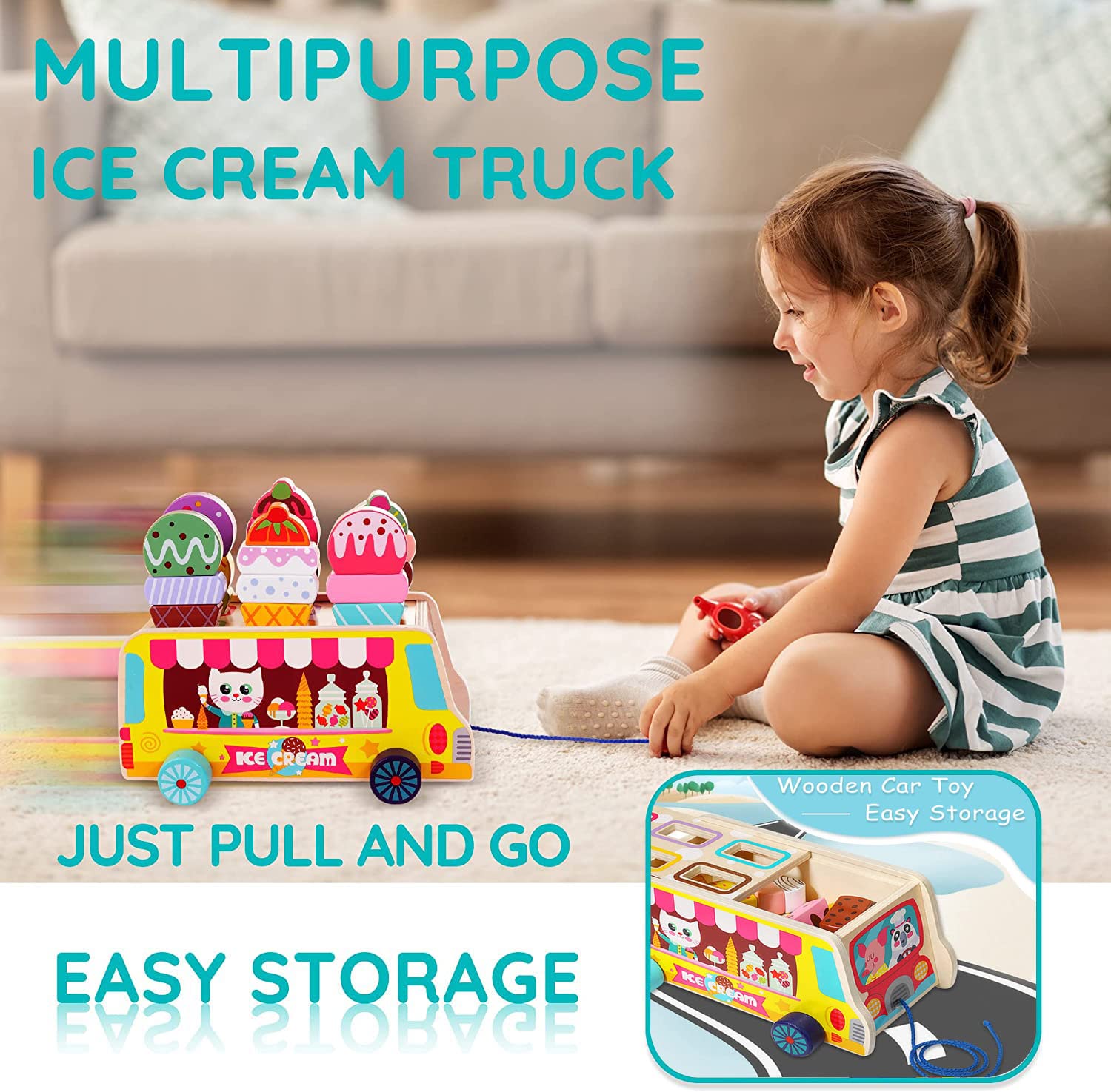 Camion de crème glacée en bois | 28 pièces de friandises glacées magnétiques | Jeu de rôle alimentaire et accessoires