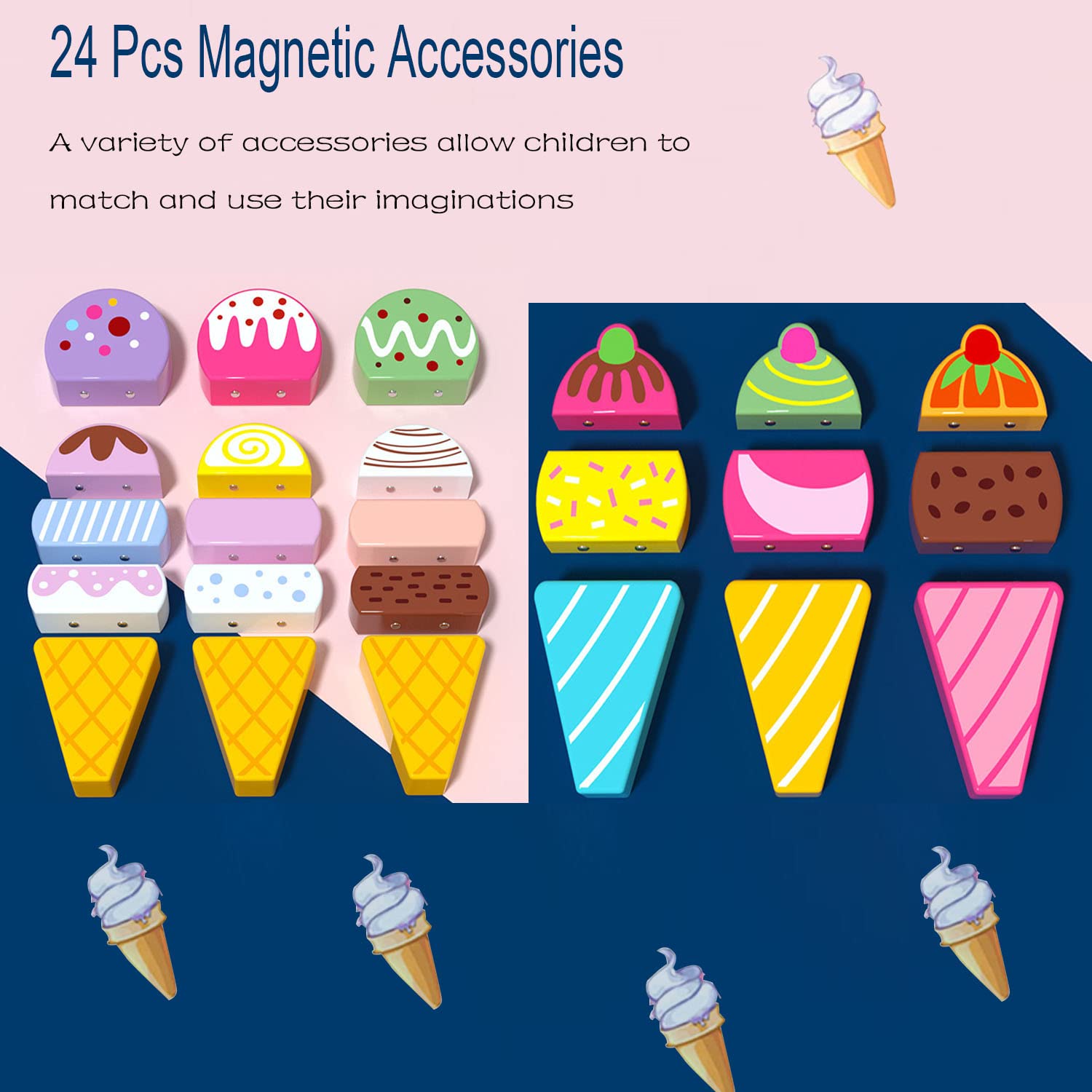 Camión de helados de madera | 28 piezas de dulces y helados magnéticos | Comida y accesorios de juego de simulación