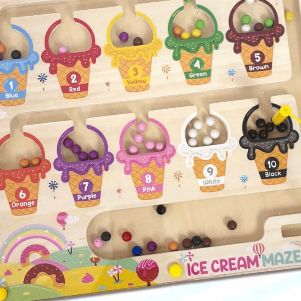 Wooden Magnetic Color & Number Maze Puzzle – Ice Cream Theme Educational Toy for Kids Ages 3–5 | Fine Motor Skills, Counting & Color Matching Learning Board