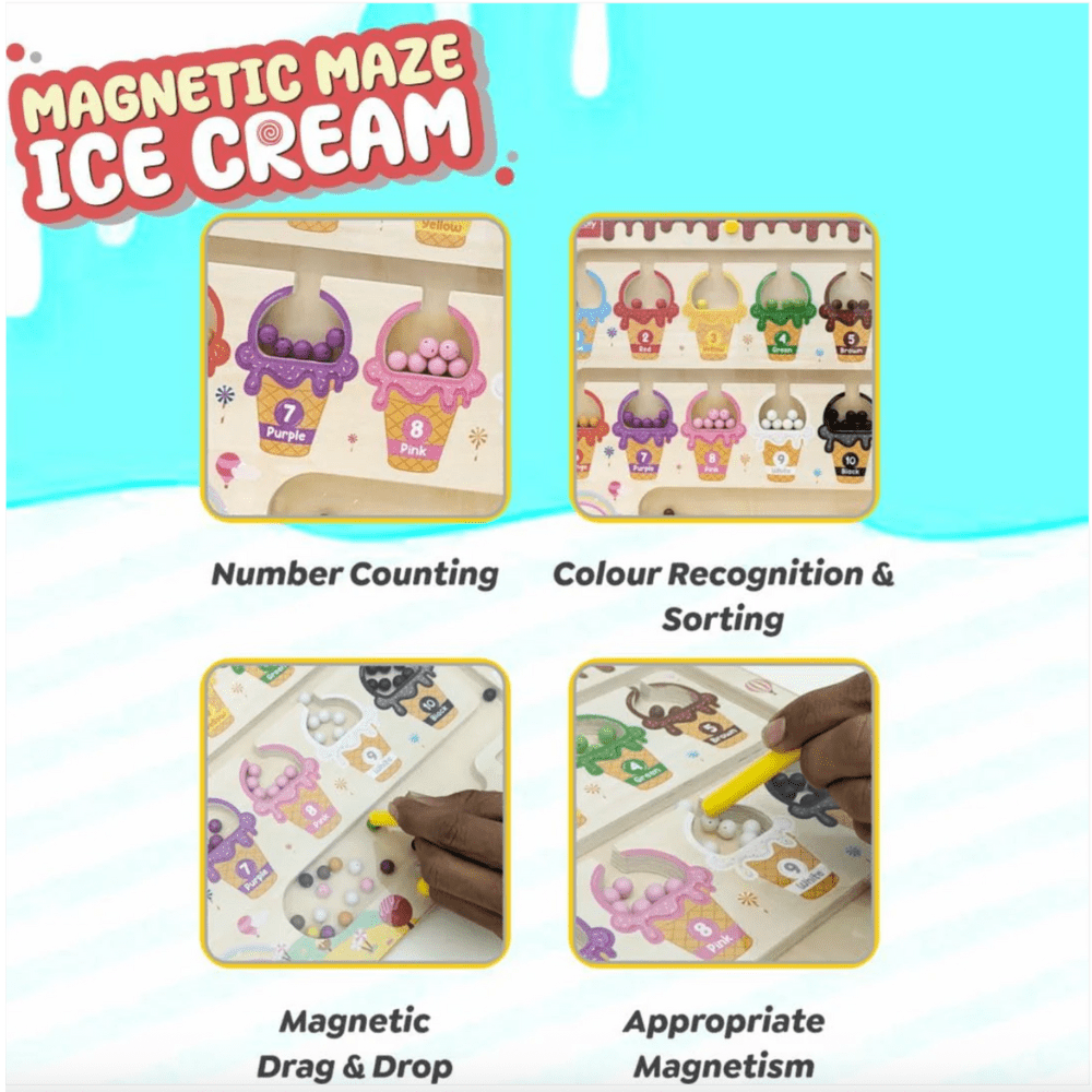 Rompecabezas de laberinto magnético de madera con números y colores – Juguete educativo con temática de helado para niños de 3 a 5 años | Habilidades motrices finas, conteo y tablero de aprendizaje de combinación de colores