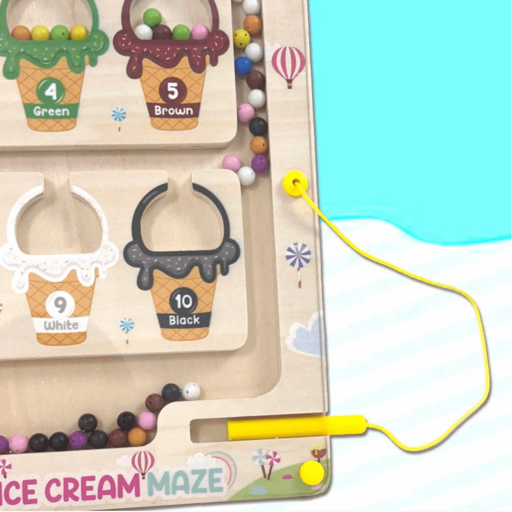 Rompecabezas de laberinto magnético de madera con números y colores – Juguete educativo con temática de helado para niños de 3 a 5 años | Habilidades motrices finas, conteo y tablero de aprendizaje de combinación de colores