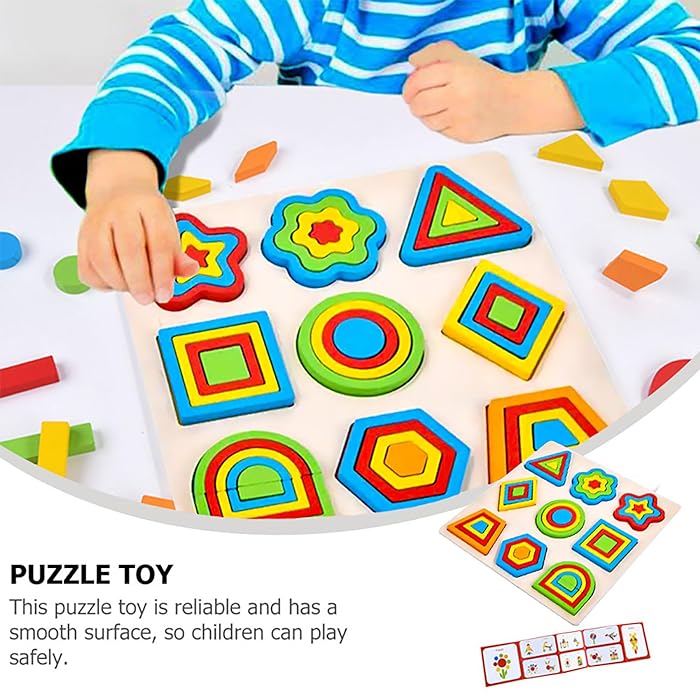 Jouet d'apprentissage Puzzle en Bois – 9 Pièces Géométriques Colorées et Cartes de Modèles