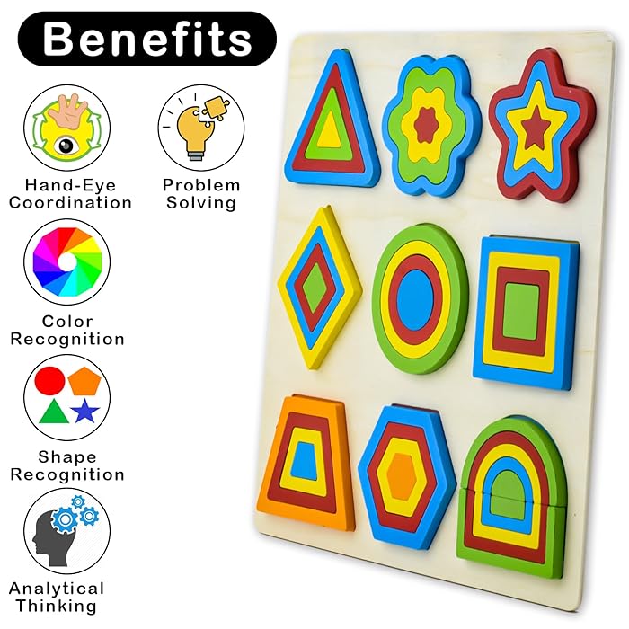 Jouet d'apprentissage Puzzle en Bois – 9 Pièces Géométriques Colorées et Cartes de Modèles